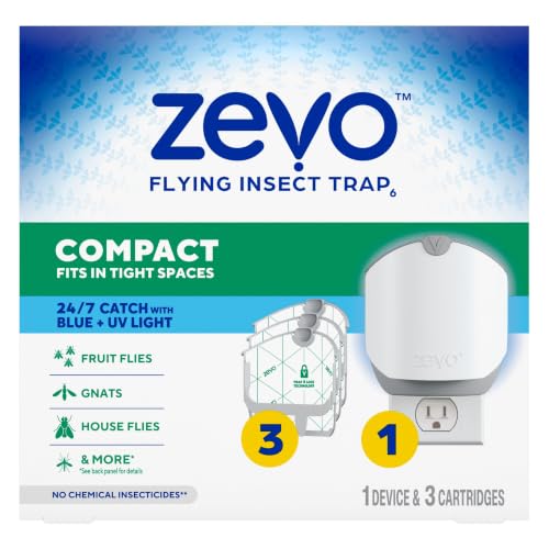 Zevo Compact Flying Insect Trap for Gnats & Fruit Flies, 1 Base & 3 Refills Indoor Fly Trap for Fungus Gnats & Fruit Flies Near Plants, Food & Trash-Bins, No Mess, No Odor, Safe for Kids, Plants & Pets