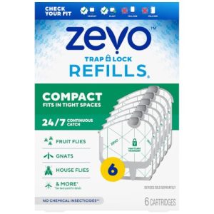 Zevo Compact Flying Insect Trap Refills for Gnats & Fruit Flies, 6 Count Indoor Fly Trap for Fungus Gnats & Fruit Flies Near Plants, Food & Trash-Bins, No Mess, No Odor, Safe for Kids, Plants & Pets