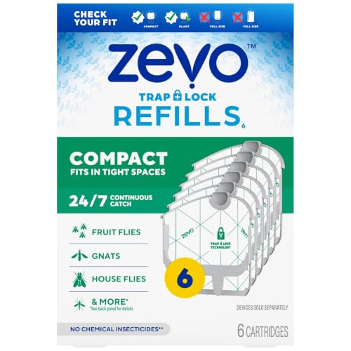 Zevo Compact Flying Insect Trap Refills for Gnats & Fruit Flies, 6 Count Indoor Fly Trap for Fungus Gnats & Fruit Flies Near Plants, Food & Trash-Bins, No Mess, No Odor, Safe for Kids, Plants & Pets