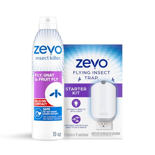 Zevo Flying Insect Spray & Trap Bundle, 1 Bottle + 1 Base + 1 Cartridge Kills Flies, Fruit Flies, Gnats, & Mosquitoes, Includes Flying Insect Trap, Aerosol Spray + Plug-In Device