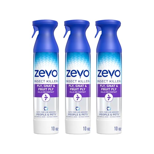 Zevo Flying Insect Bug Aerosol Spray, Kills Flies & Fruit Flies, 3 Bottles Kills Fruit Flies, Gnats, House Flies, Drain Flies, & Mosquitoes Indoor & Outdoor, Mint & Rosemary Oil, Safe Around Pets*