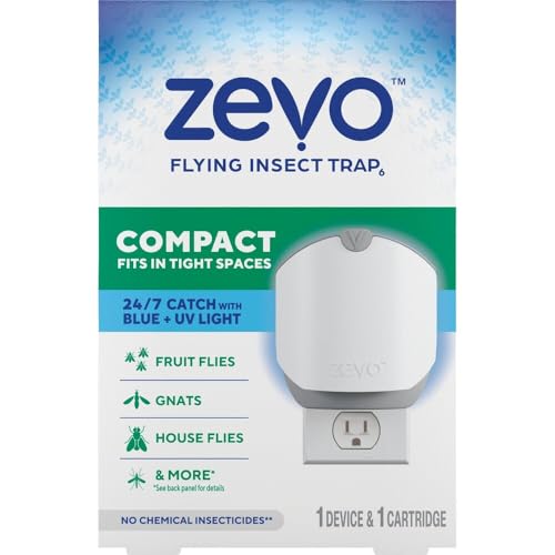 Zevo Compact Flying Insect Indoor Fly Trap: Easy, Mess-Free Solution for Small Spaces - Light Trap Catches & Kills House Flies, Fruit Flies, Gnats, & More (1 Plug in Device & 1 Cartridge)