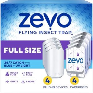 Version 1.0.0 Zevo Flying Insect Trap for Fruit Flies & Gnats, 4 Plug-in Bases, 4 Refills Catches Fruit Flies & Gnats Near Fruit Bowls & Trash Bins, Spray-Free, Odor-Free, Blue & UV Light Trap, Safe for Kids & Pets*