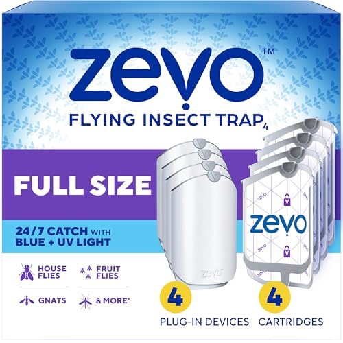 Zevo Flying Insect Trap for Fruit Flies & Gnats, 4 Plug-in Bases, 4 Refills Catches Fruit Flies & Gnats Near Fruit Bowls & Trash Bins, Spray-Free, Odor-Free, Blue & UV Light Trap, Safe for Kids & Pets*
