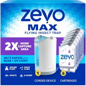 Zevo MAX Bug Catcher, Gnat & Fruit Fly Trap Indoors, 1 Base & 6 Refills 360° Blue + UV Light Trap for Large Rooms, Fits 2x Fruit Flies & Gnats Than Original Zevo Trap, Indoor Odor-Free Fly Control