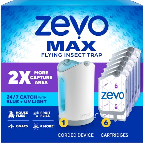 Zevo MAX Bug Catcher, Gnat & Fruit Fly Trap Indoors, 1 Base & 6 Refills 360° Blue + UV Light Trap for Large Rooms, Fits 2x Fruit Flies & Gnats Than Original Zevo Trap, Indoor Odor-Free Fly Control