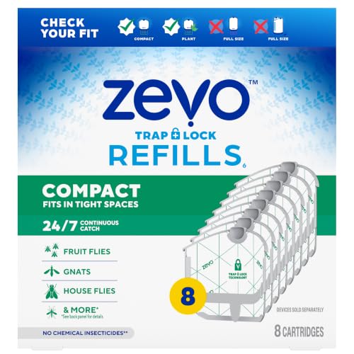 Zevo Compact Flying Insect Trap Refills for Gnats & Fruit Flies, 8 Count Indoor Fly Trap for Fungus Gnats & Fruit Flies Near Plants, Food & Trash-Bins, No Mess, No Odor, Safe for Kids, Plants & Pets