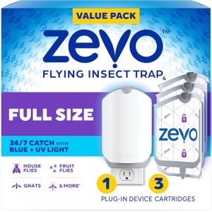 Zevo Flying Insect Trap for Fruit Flies & Gnats, 1 Plug-in Base & 3 Refills Catches Fruit Flies & Gnats Near Fruit Bowls & Trash Bins, Spray-Free, Odor-Free, Blue & UV Light Trap, Safe for Kids & Pets*