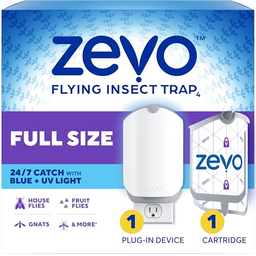 Zevo Flying Insect Trap for Fruit Flies & Gnats, 1 Plug-in Base & 1 Refills Catches Fruit Flies & Gnats Near Fruit Bowls & Trash Bins, Spray-Free, Odor-Free, Blue & UV Light Trap, Safe for Kids & Pets*