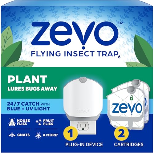 Zevo Plant Flying Insect Indoor Fly Trap: Easy & Mess-Free, Use Near Indoor House Plants - Light Trap Catches & Kills Fungus Gnats, House Flies, & Fruit Flies (1 Plug in Device & 2 Cartridges)