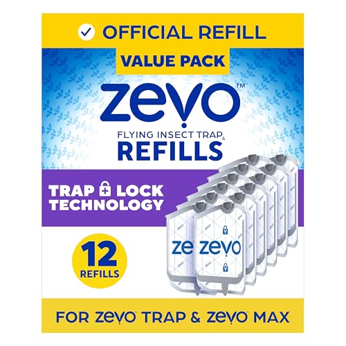 Zevo Flying Insect Trap Refill Cartridges for Fruit Flies & Gnats, 12 Count Fits Zevo MAX & Zevo Flying Insect Trap, Catches House Flies, Gnats & Fruit Flies 24/7, No Added Fragrance or Dyes