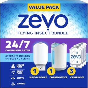 Zevo MAX Bug Catcher & Fruit Fly Trap, 2 Bases & 3 Refill Cartridges Fits 2x More Bugs Than Original Zevo Trap, Catches House Flies, Gnats & Fruit Flies 24/7, Blue & UV Light, No Insecticides
