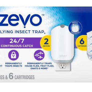 Zevo MAX Bug Catcher & Fly Trap for Indoor- Flying Insect Trap for Gnat, House & Fruit Flies - Use in Any Room - No-Mess Disposal (2 Device & 6 Cartridges)