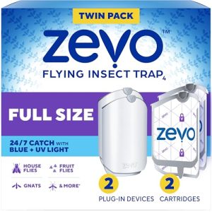 Zevo Flying Insect Trap for Fruit Flies & Gnats, 2 Plug-in Bases, 2 Refills Catches Fruit Flies & Gnats Near Fruit Bowls & Trash Bins, Spray-Free, Odor-Free, Blue & UV Light Trap, Safe for Kids & Pets*