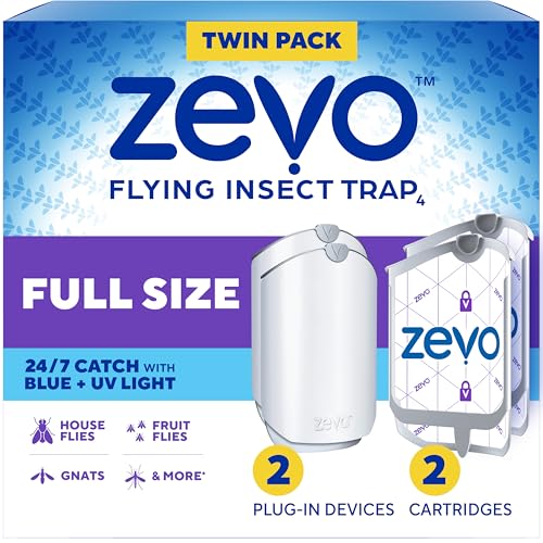 Zevo Flying Insect Trap for Fruit Flies & Gnats, 2 Plug-in Bases, 2 Refills Catches Fruit Flies & Gnats Near Fruit Bowls & Trash Bins, Spray-Free, Odor-Free, Blue & UV Light Trap, Safe for Kids & Pets*