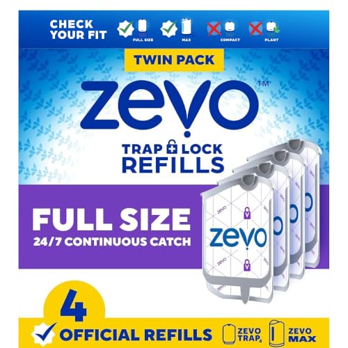 Zevo Flying Insect Trap Refill Cartridges for Fruit Flies & Gnats, 4 Count Fits Zevo MAX & Zevo Flying Insect Trap, Catches House Flies, Gnats & Fruit Flies 24/7, No Added Fragrance or Dyes