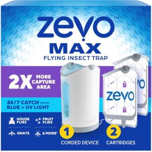 Zevo MAX Bug Catcher, Gnat & Fruit Fly Trap Indoors, 1 Base & 2 Refills 360° Blue + UV Light Trap for Large Rooms, Fits 2x Fruit Flies & Gnats Than Original Zevo Trap, Indoor Odor-Free Fly Control