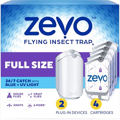 Zevo Flying Insect Trap for Fruit Flies & Gnats, 2 Plug-in Bases, 4 Refills Catches Fruit Flies & Gnats Near Fruit Bowls & Trash Bins, Spray-Free, Odor-Free, Blue & UV Light Trap, Safe for Kids & Pets*